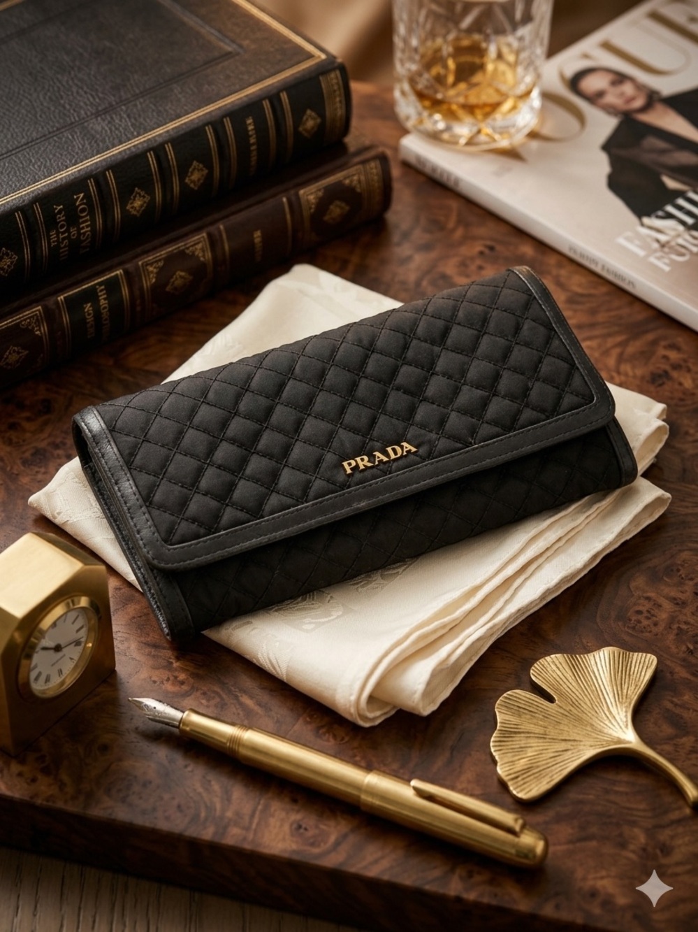 Prada Black Quilted Leather Card & Key Holder with Gold Logo